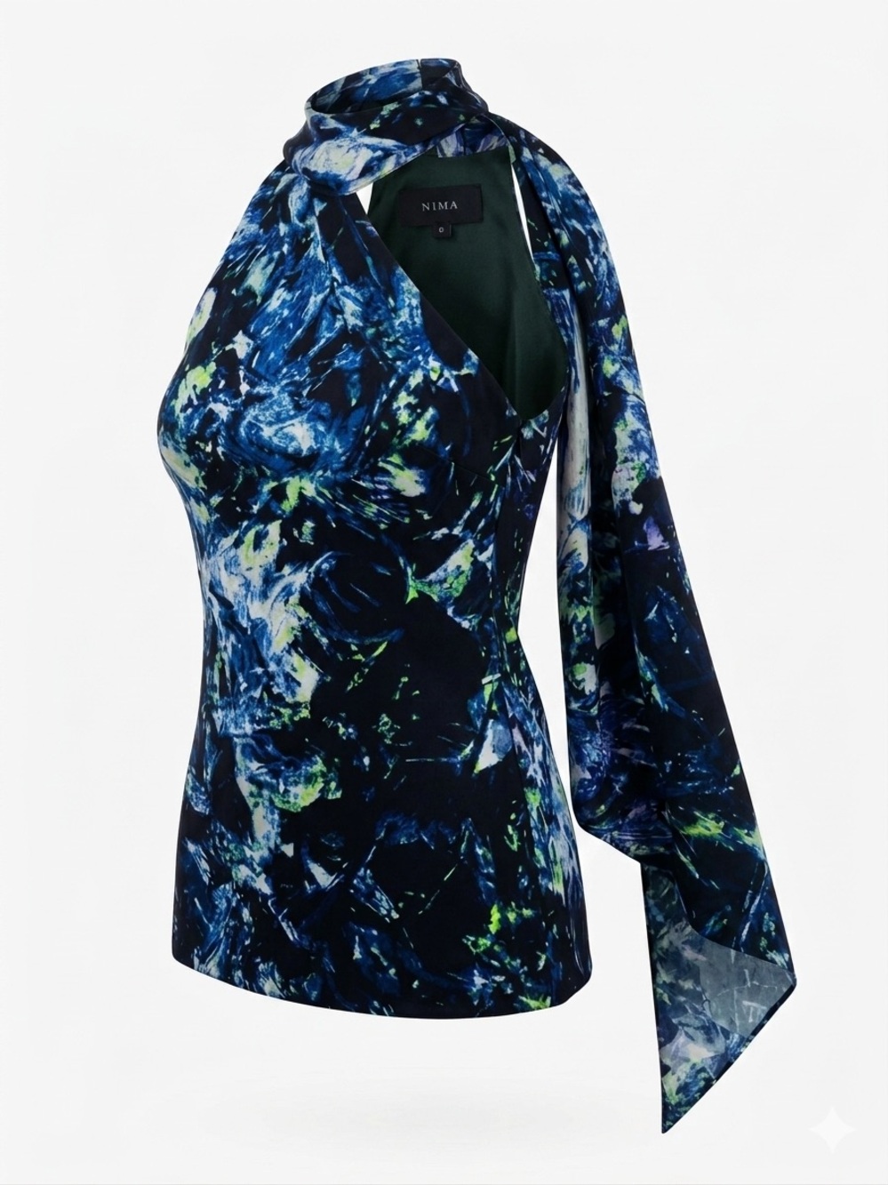 NIMA 100% Silk Abstract Print Asymmetrical Halter Top Scarf Blue Black Size 8